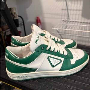 Prada White and Green Leather Sneakers